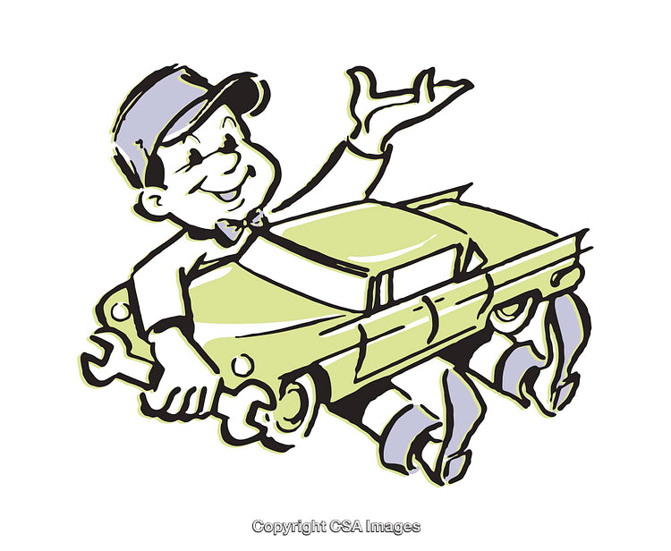 Cartoon Car Mechanic with Tools and Comical Vehicle Design