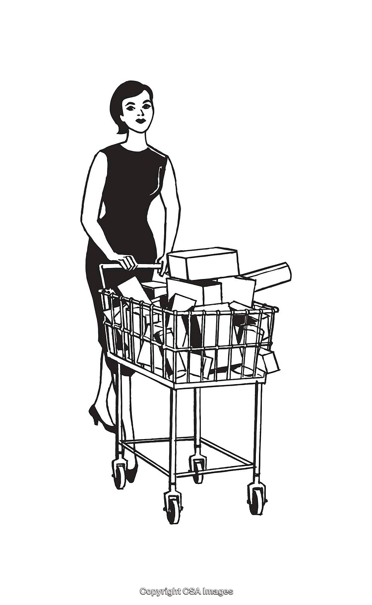 Black and White Line Art of Woman Shopping with Cart