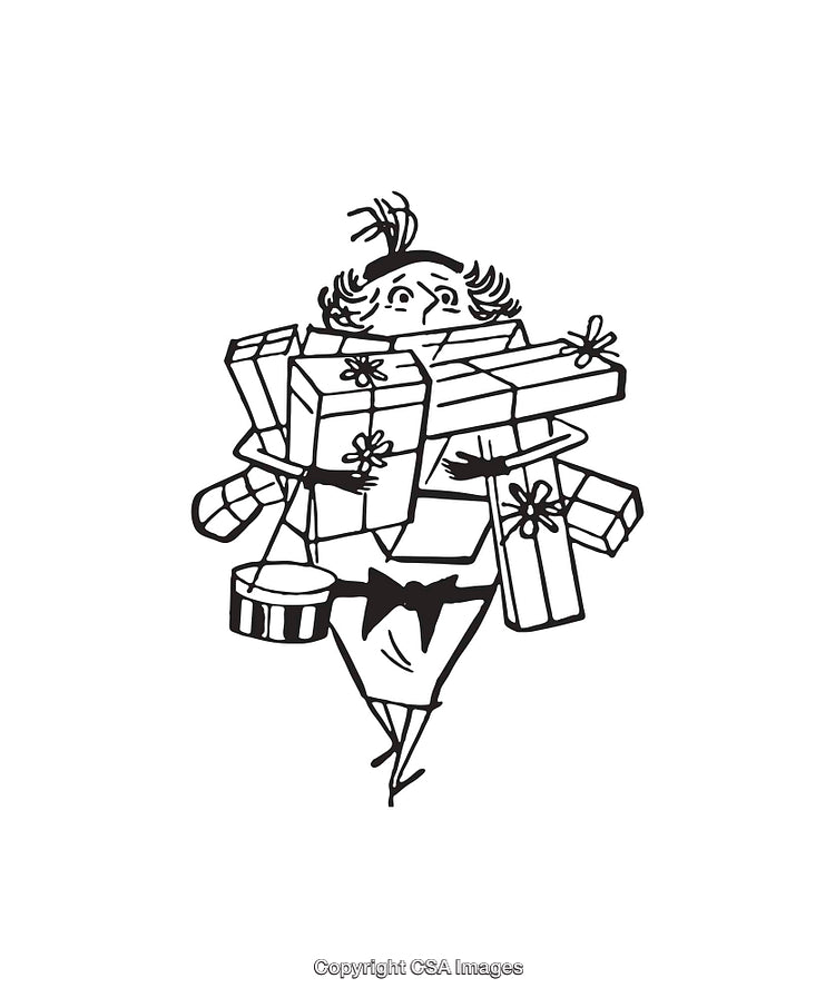 Overwhelmed Shopper Carrying Numerous Gift Boxes in Black and White Illustration