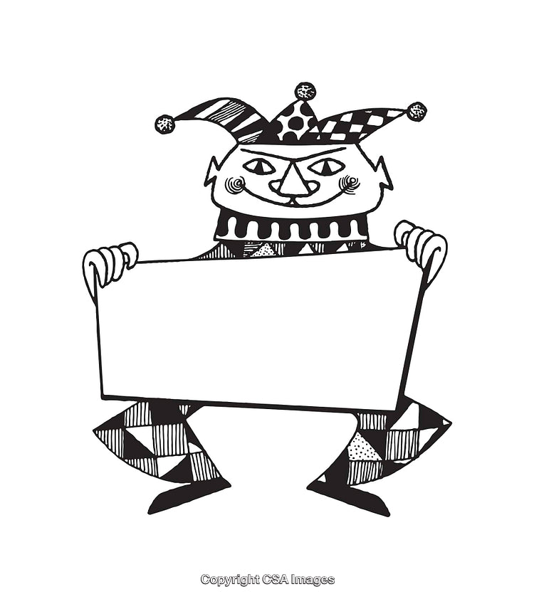 Black and White Jester Holding Blank Sign Line Art Illustration