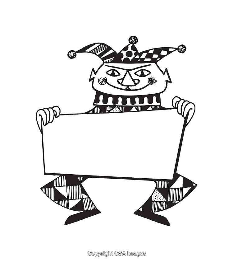 Black and White Jester Holding Blank Sign Line Art Illustration