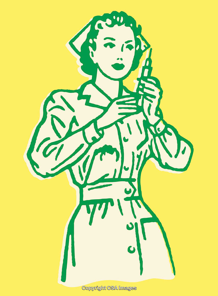 Retro Line Art Illustration of Nurse with Syringe on Yellow Background