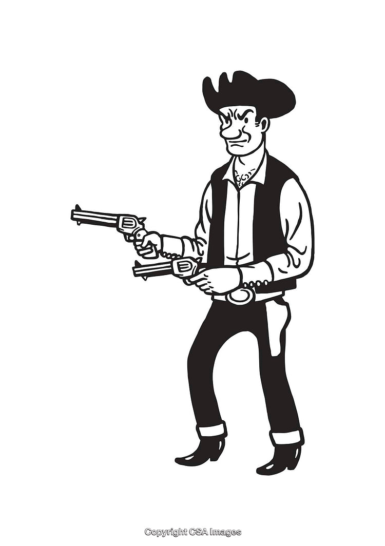 Retro Black and White Cowboy Illustration with Guns
