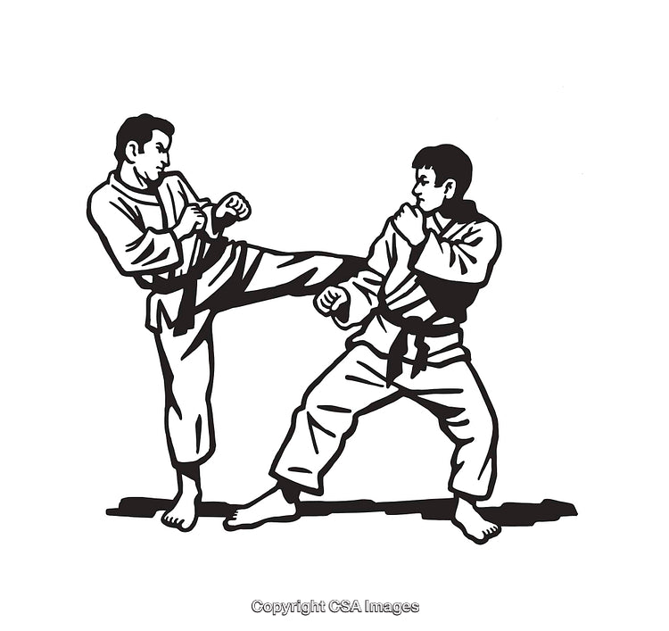 Black and White Line Art of Two Martial Artists Sparring
