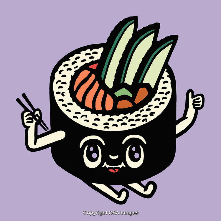 Cute Sushi Character Cartoon Illustration with Expressive Face and Chopsticks