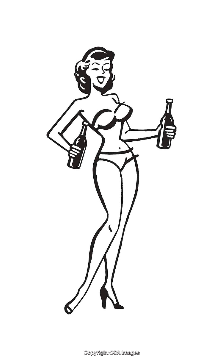 Vintage Style Line Art Illustration of a Woman Holding Two Beverage Bottles