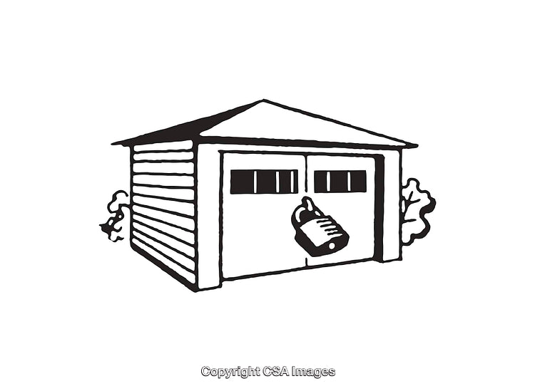 Black and White Line Art of a Garage with Lock and Vegetation