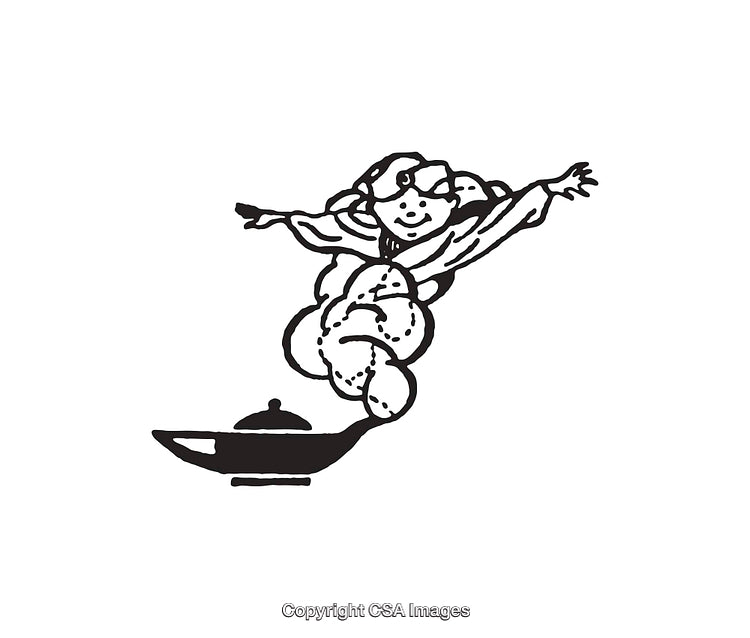 Black and White Line Art of a Genie Emerging From Lamp