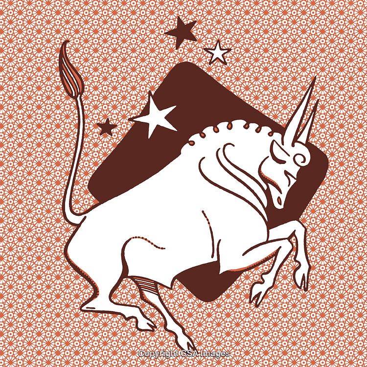 Stylized Taurus Zodiac Illustration with Geometric Red Rippled Background