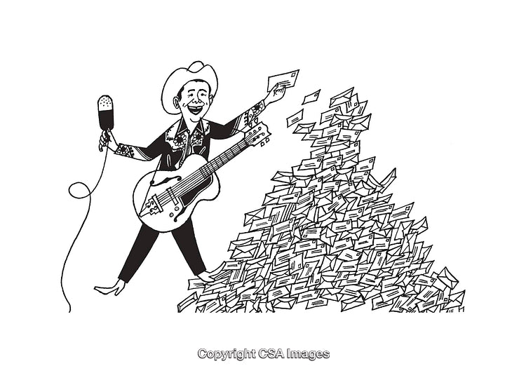 Black and White Cartoon of Guitarist with Mic and Letters