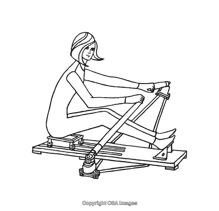 Black and White Illustration of a Woman Using a Rowing Machine