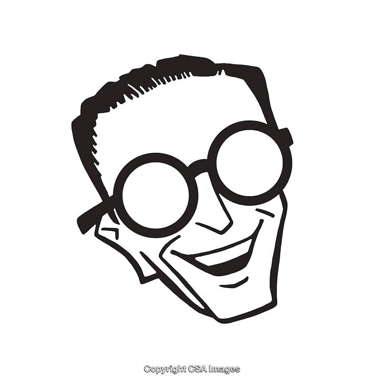 Retro Black and White Smiling Man Illustration with Glasses