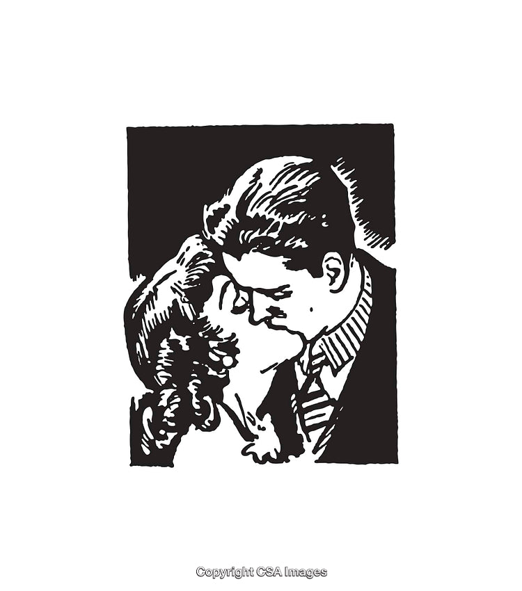 Vintage Black and White Illustration of a Romantic Couple's Kiss