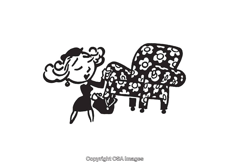 Black and White Line Art Illustration of Woman and Floral Chair