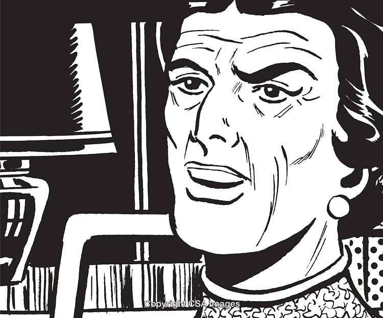 Black and White Cartoon Illustration of a Thoughtful Woman