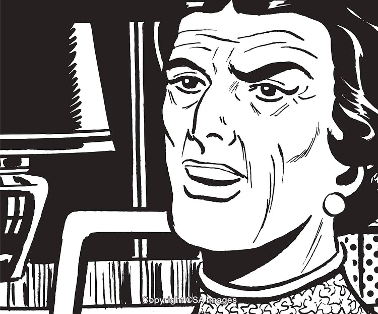 Black and White Cartoon Illustration of a Thoughtful Woman