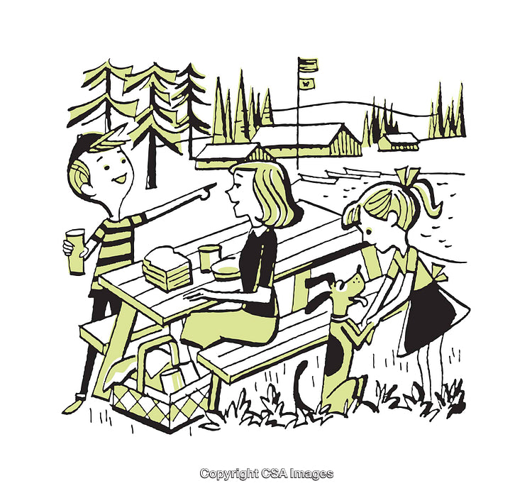 Family Enjoying a Picnic Outdoors Near a Scenic Riverside Setting