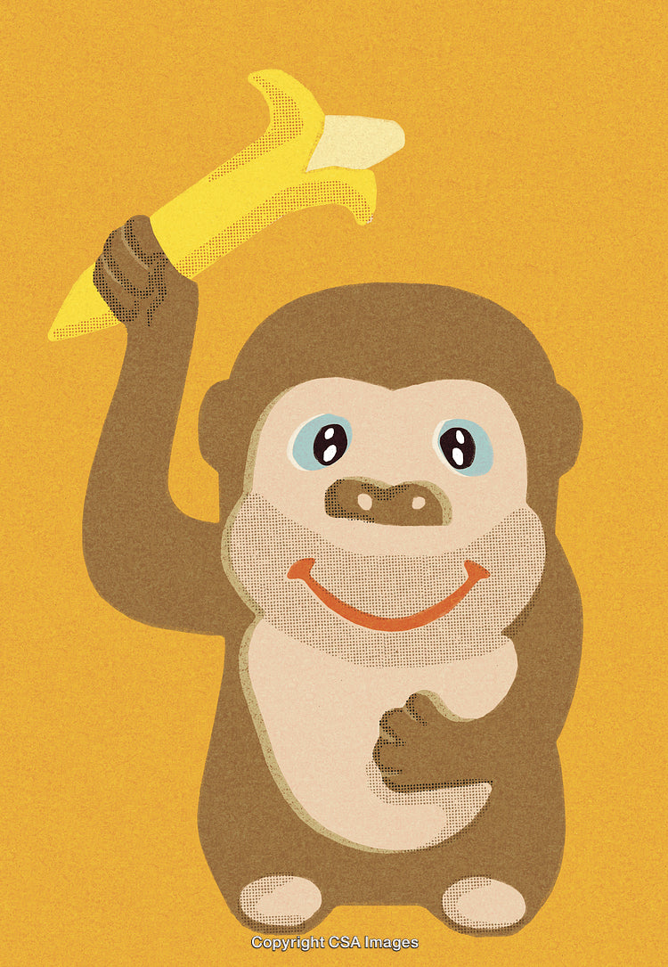 Cheerful Cartoon Monkey Holding Banana on a Vibrant Yellow Background
