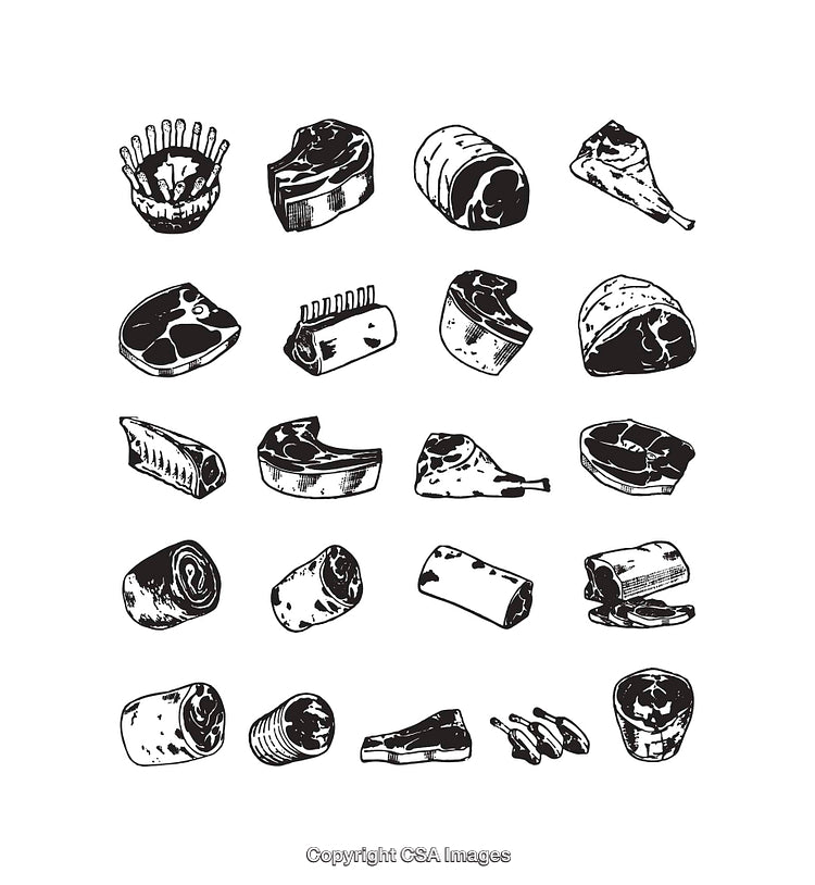 Set of Black and White Meat Cut Illustrations for Food or Butcher Designs
