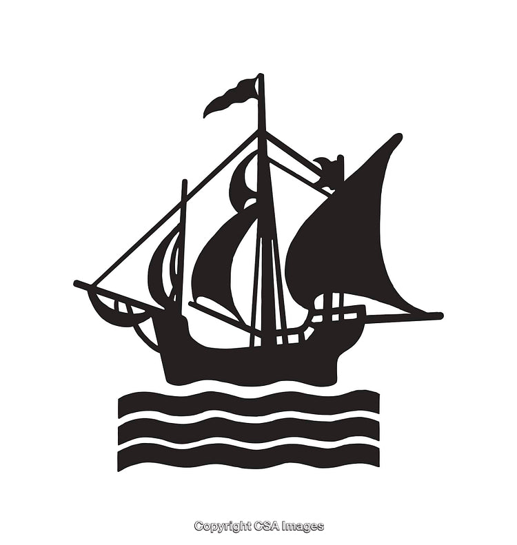 Black and White Line Art Depicting a Sailing Ship with Wavy Waters