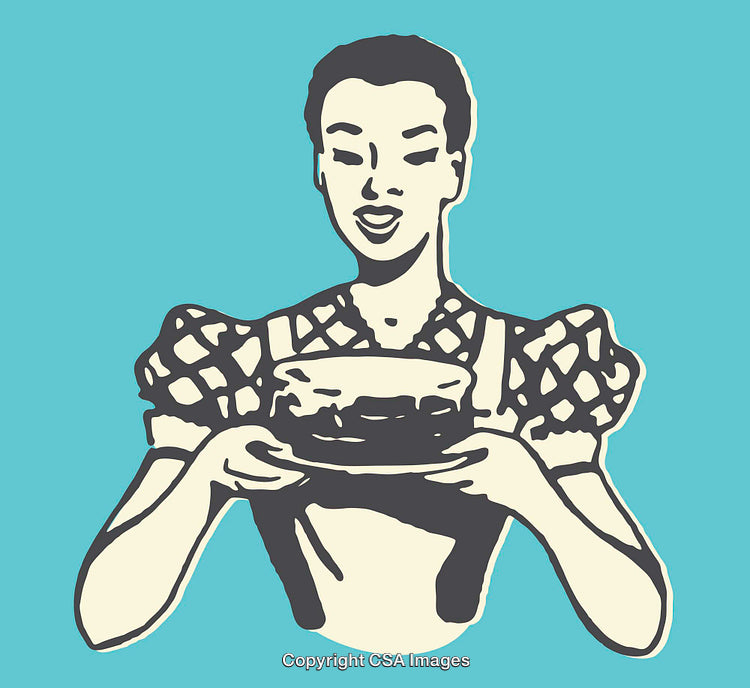 Retro Woman Holding Cake in Colorful Line Art Illustration