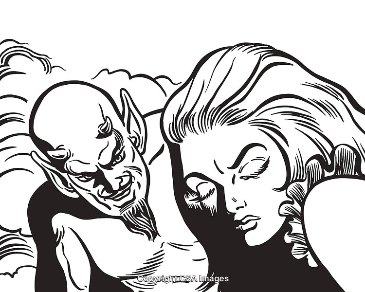Stylized Fantasy Illustration of a Demon and a Woman in Close Interaction