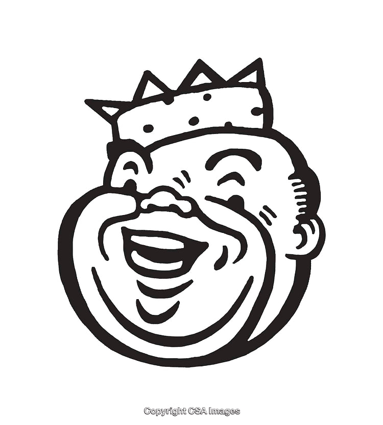 Black and White Line Art of Laughing Character Wearing a Crown