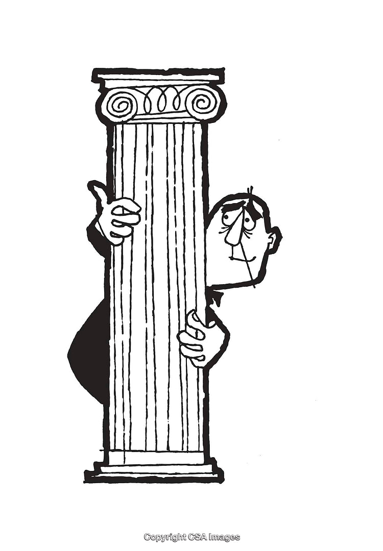 Black and White Illustration of a Man Hiding Behind an Ornate Column