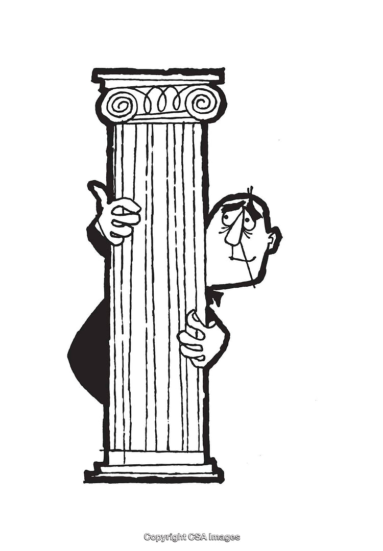 Black and White Illustration of a Man Hiding Behind an Ornate Column