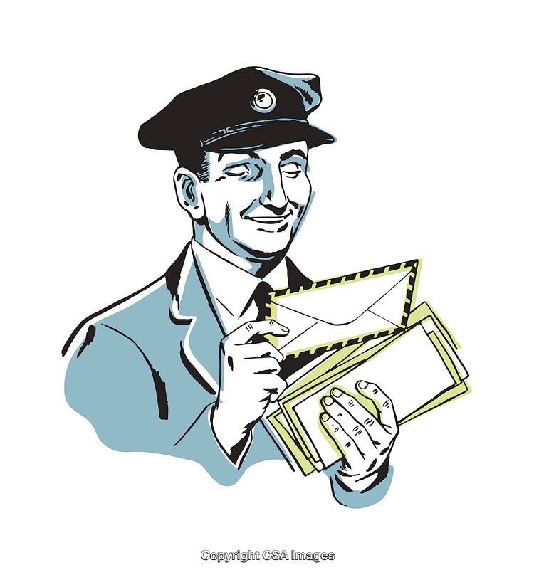 Retro Styled Illustration of a Smiling Postman Holding Envelopes