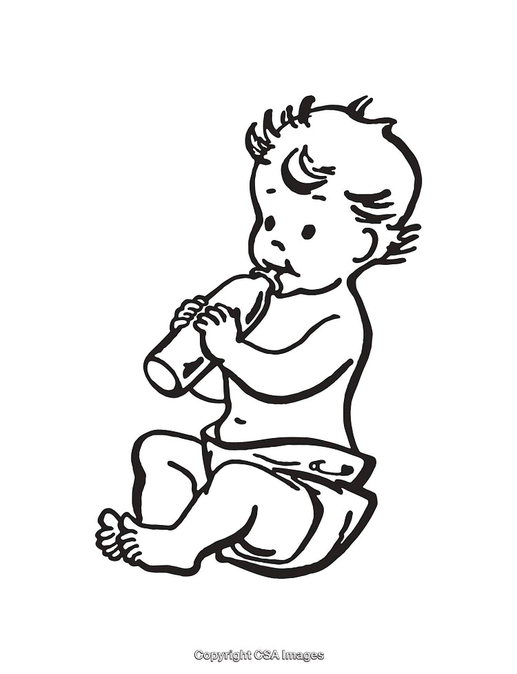 Illustration of a Baby Drinking From a Bottle in Black and White Line Art