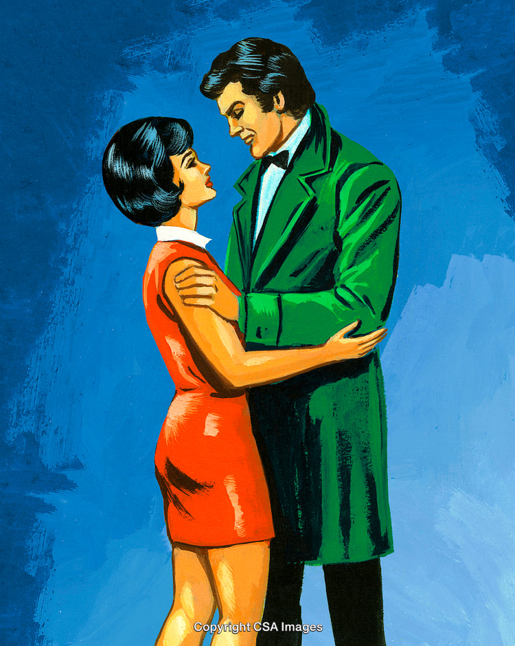 Romantic Couple Embracing in Colorful Retro Style Illustration