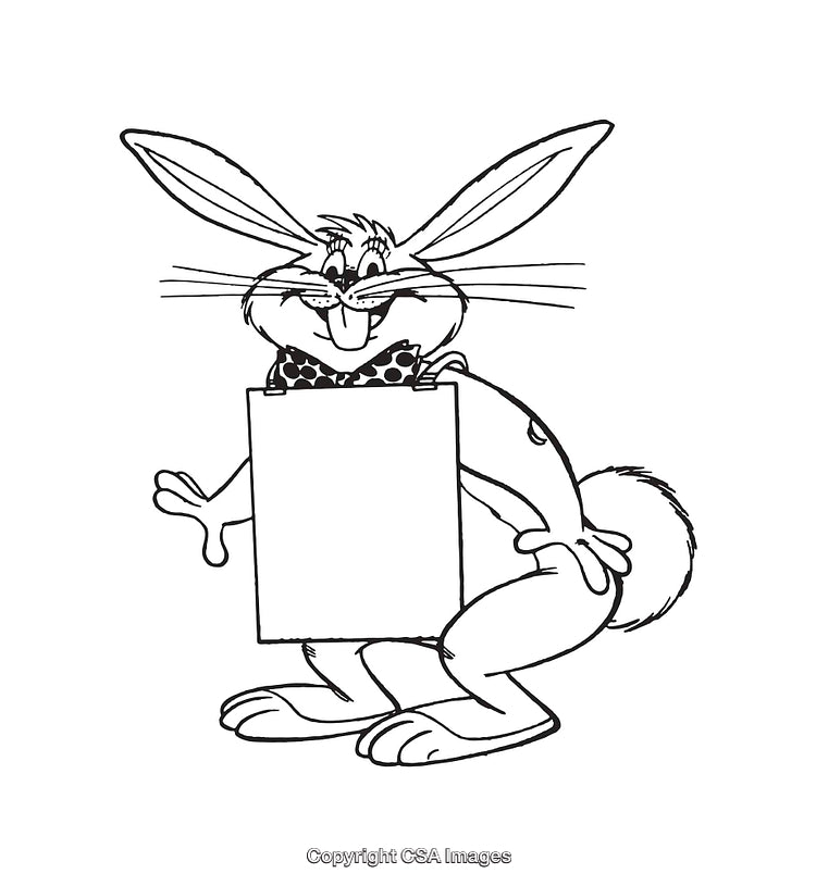 Cartoon Rabbit Holding a Blank Sign in Black and White Line Art