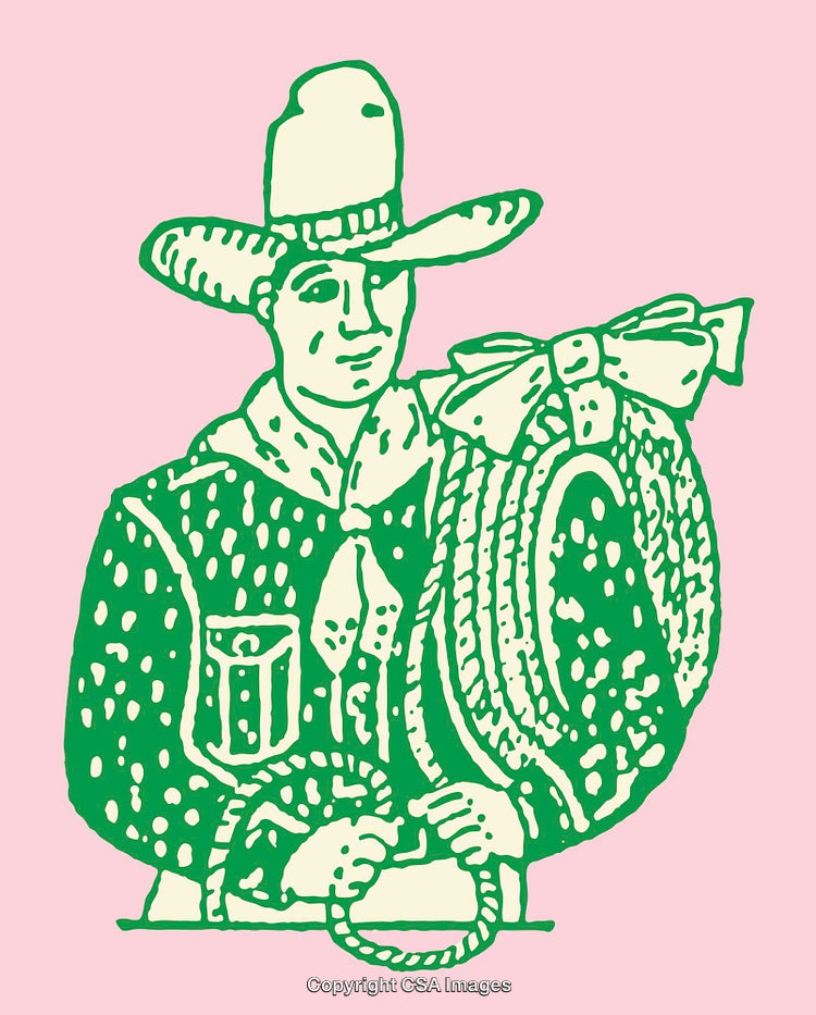 Vintage Cowboy Illustration with Rope on Pink Background