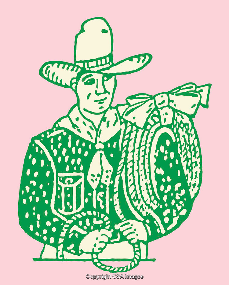 Vintage Cowboy Illustration with Rope on Pink Background