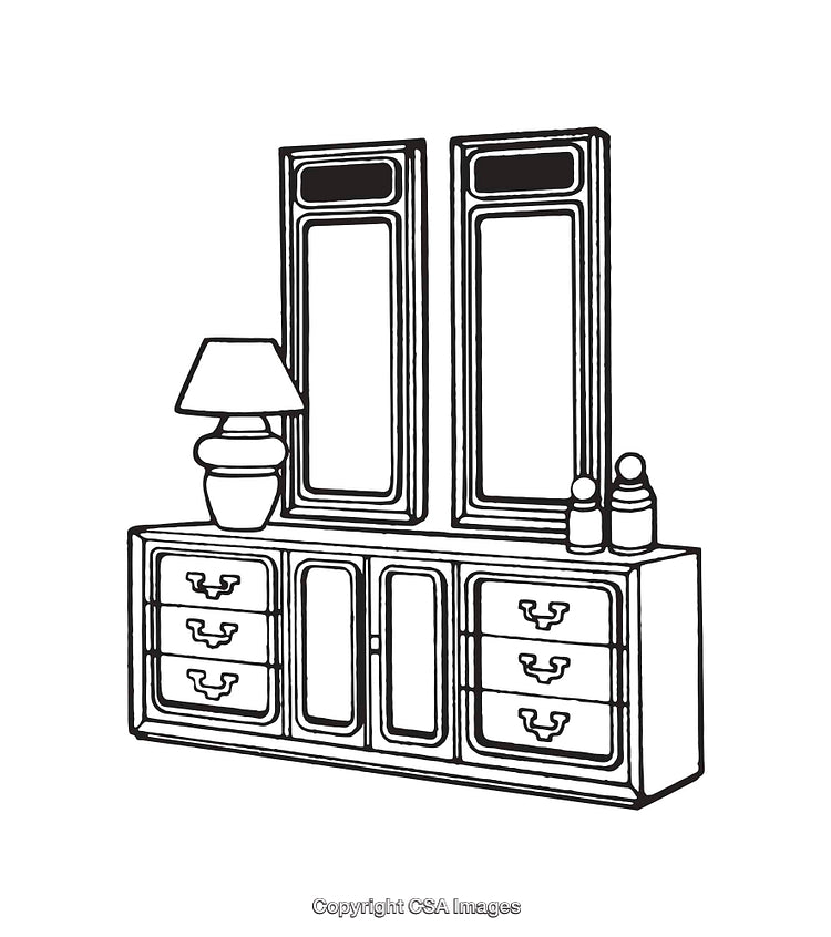 Line Art Illustration of a Dresser with Mirror and Accessories
