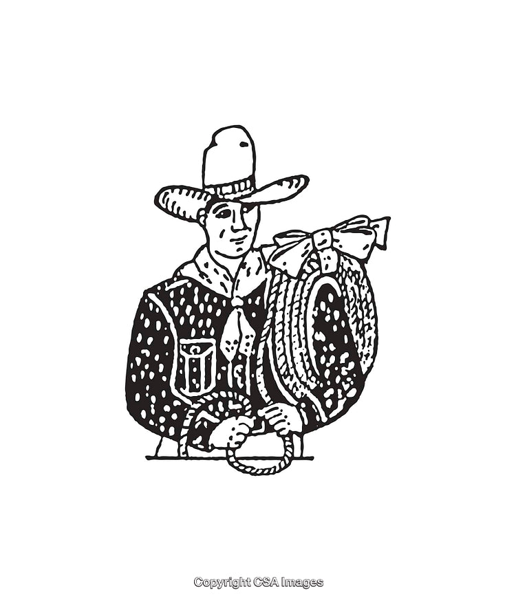 Black and White Line Art of a Cowboy Holding Rope and Wearing Hat