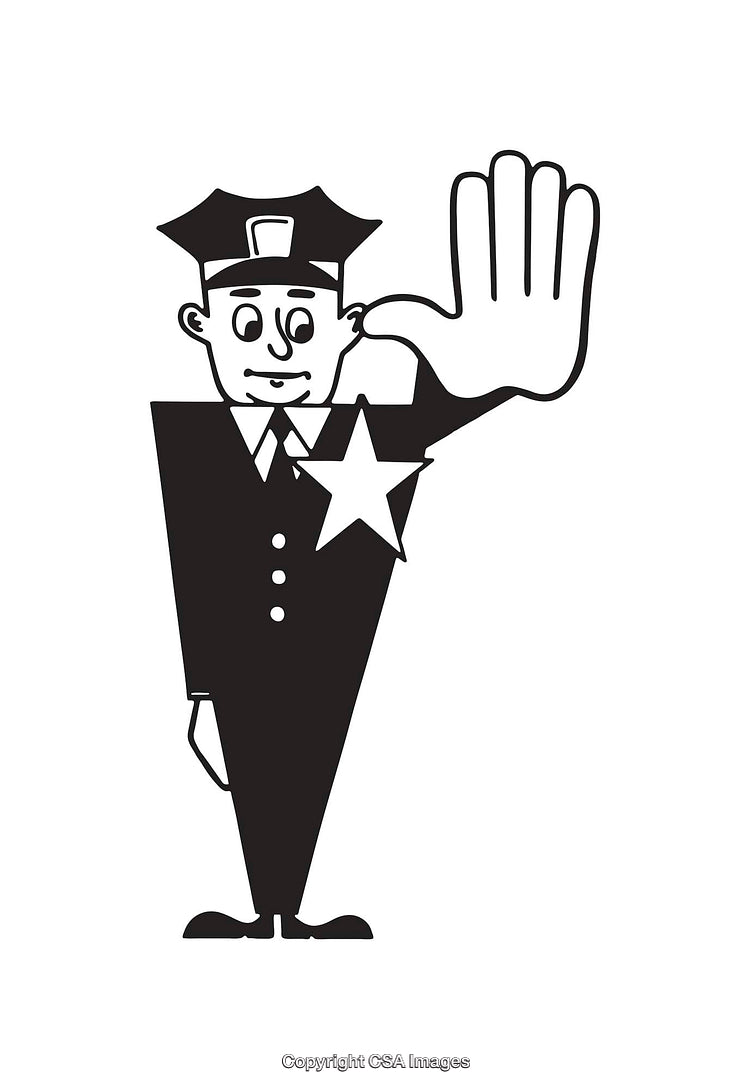 Black and White Line Art Illustration of Policeman Giving Stop Sign