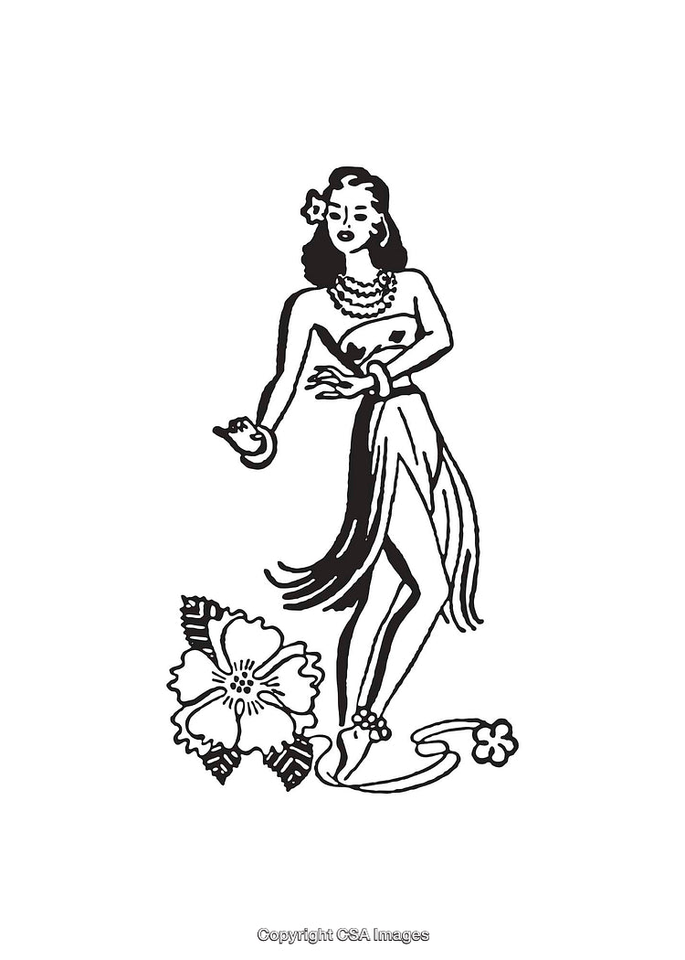Black and White Line Art of Hawaiian Dancer with Tropical Flower