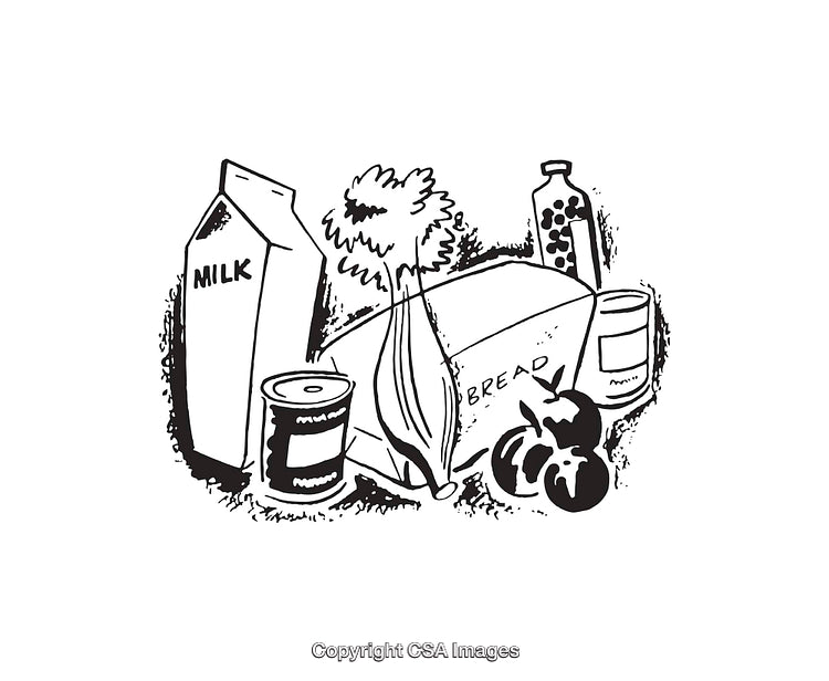 Black and White Line Art Illustration of Grocery Items