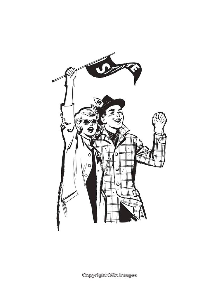 Retro Line Art of Enthusiastic Fans Waving a Banner