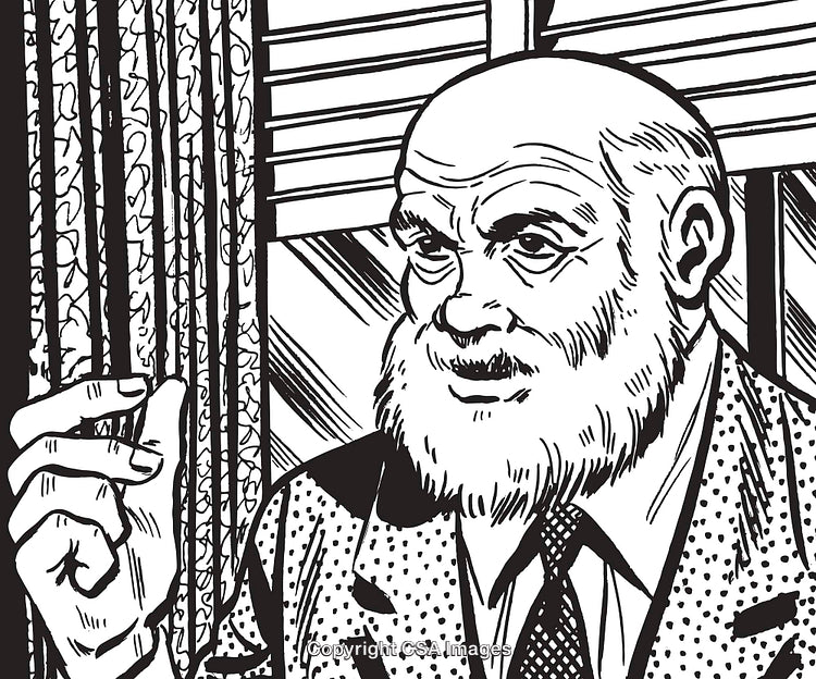Black and White Illustration of a Thoughtful Elderly Man in Conversation