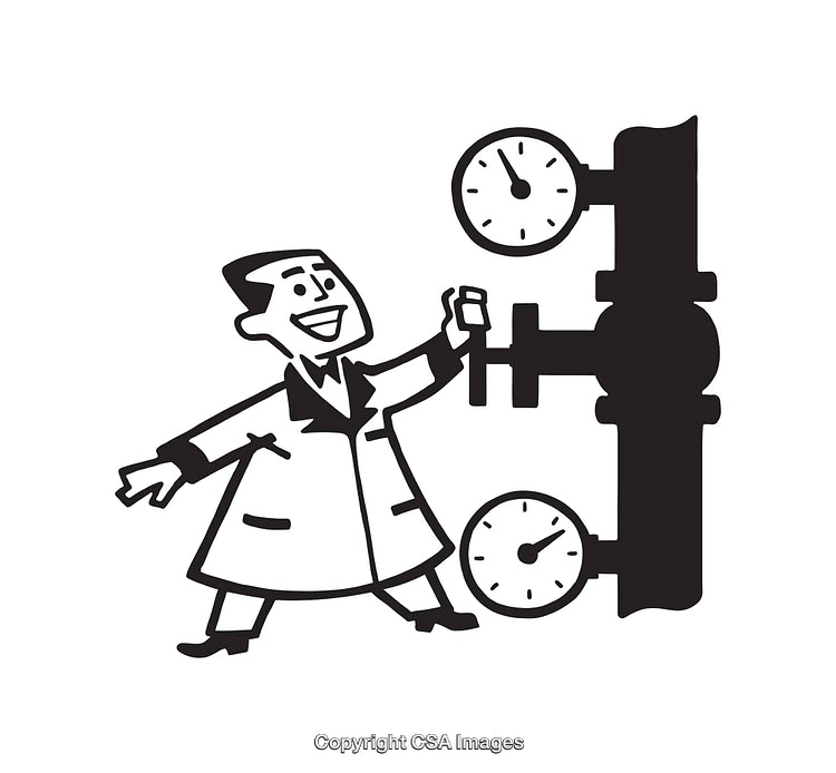 Retro Illustration of a Happy Technician Adjusting Pressure Gauges