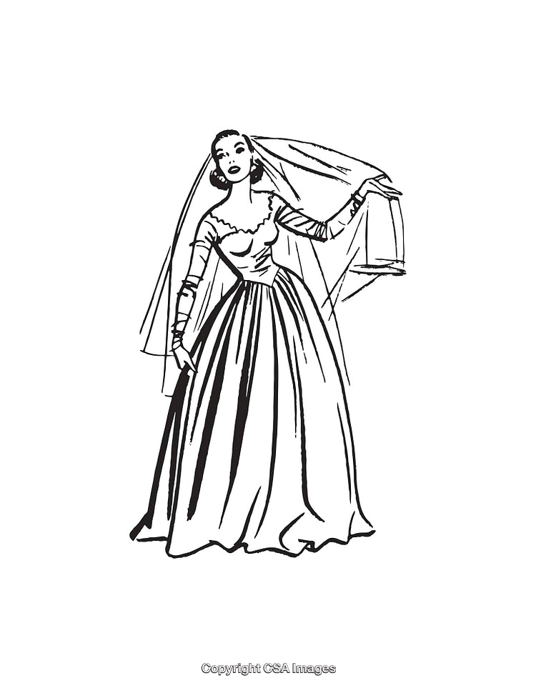 Elegant Vintage Bride in Classic Wedding Gown and Veil Line Art Illustration