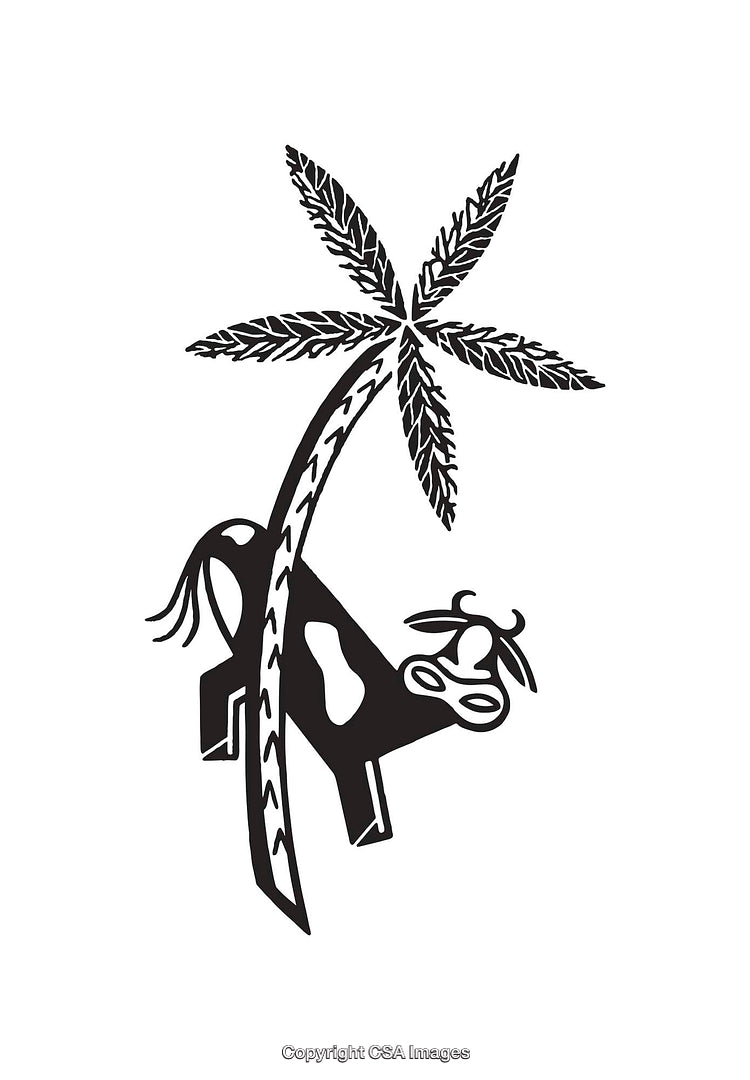 Black And White Line Art of Cow Under a Palm Tree Illustration