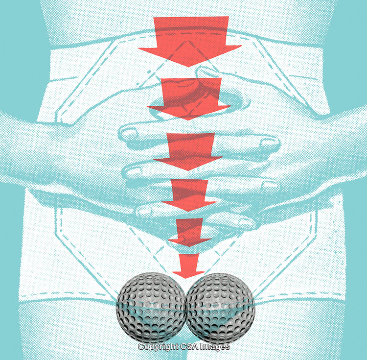 Surreal Collage of Abstract Human Anatomy, Golf Balls, and Red Arrows Illustration