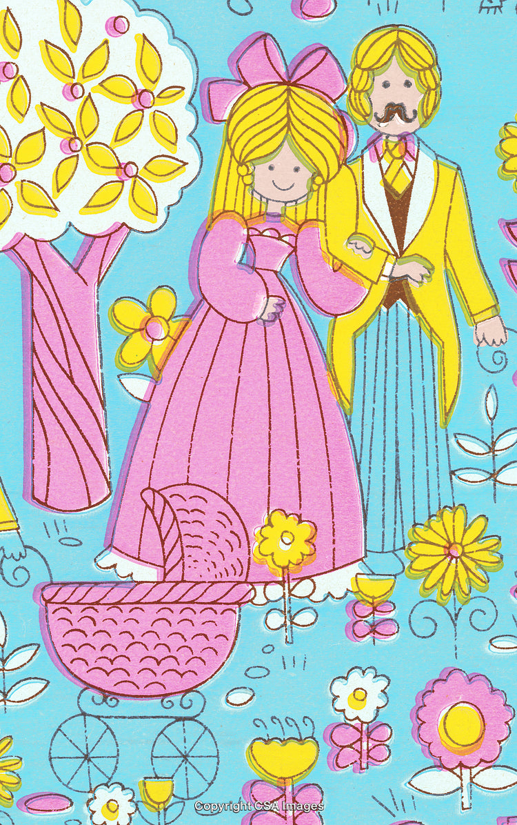 Charming Family Illustration With Baby Stroller in Colorful Floral Scene