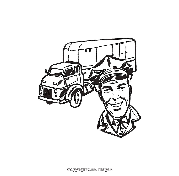 Retro Line Art Illustration of a Smiling Man and a Large Truck