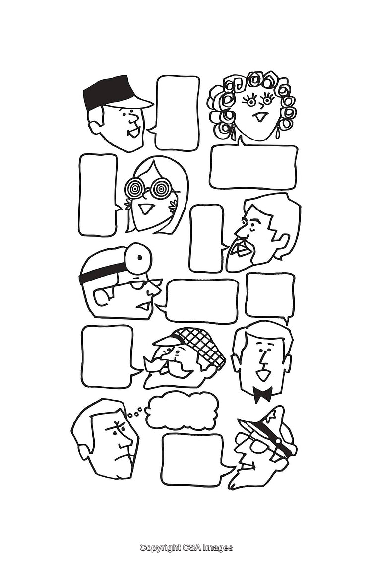 Black and White Line Art Illustrations of Characters and Speech Bubbles