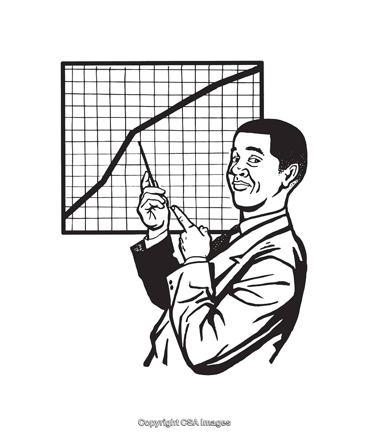 Businessman Presenting Growth Chart in Black-And-White Line Art Illustration